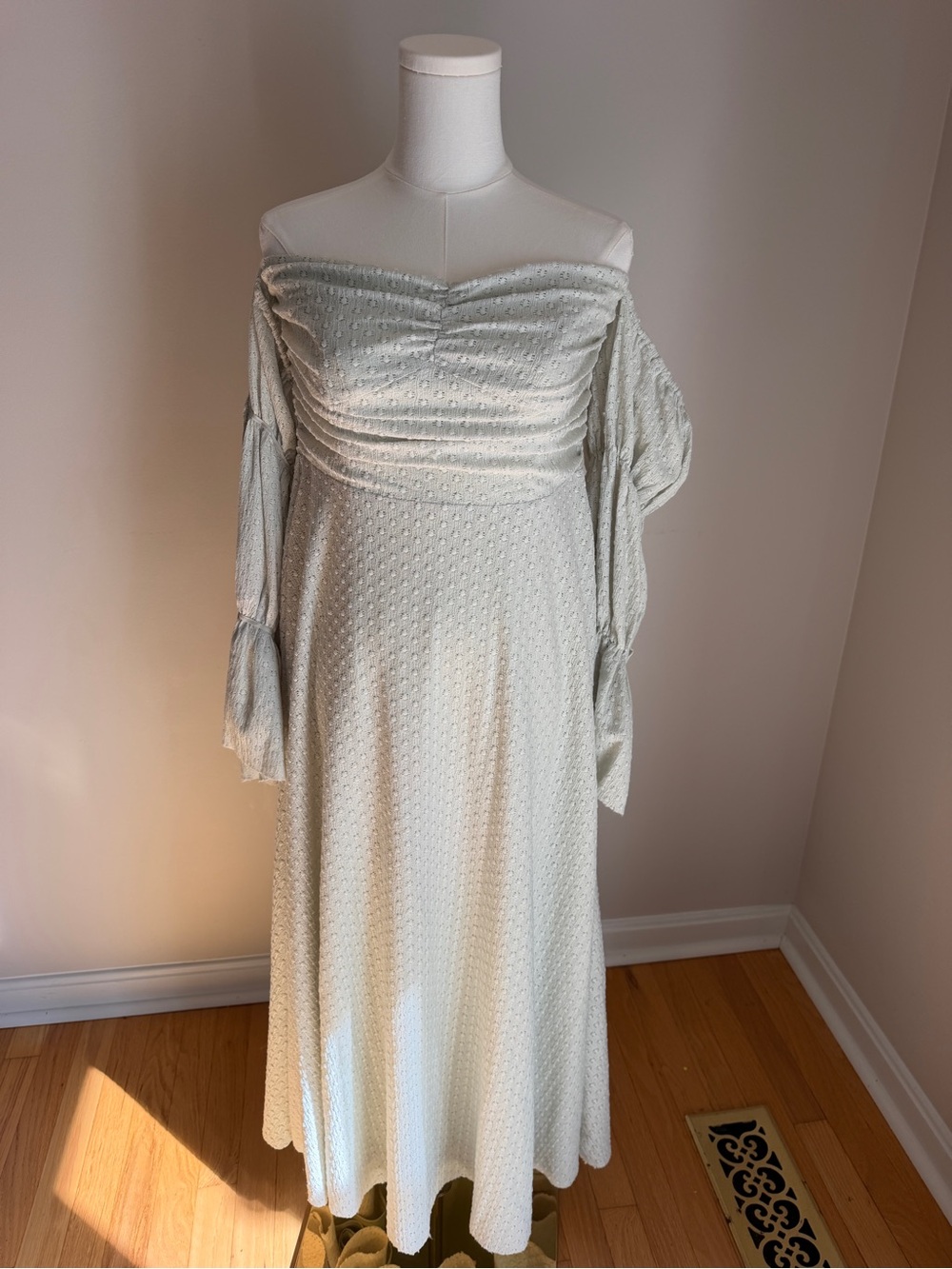 Listicle Cream Off-Shoulder Maxi Dress with Textured Dot Fabric
